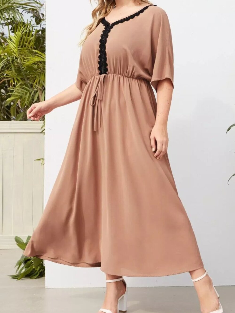 SHEIN Curve 0XL Camel Brown V-Neck Black Lace Trim Boho Midi Dress Plus Size - Picture 3 of 10